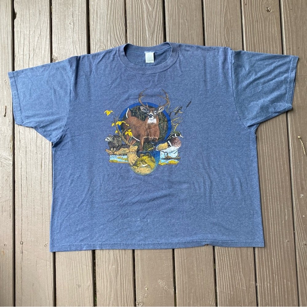 Vintage Blue Deer Duck Bird Nature Graphic Shirt Men’s 3XL Rare USA